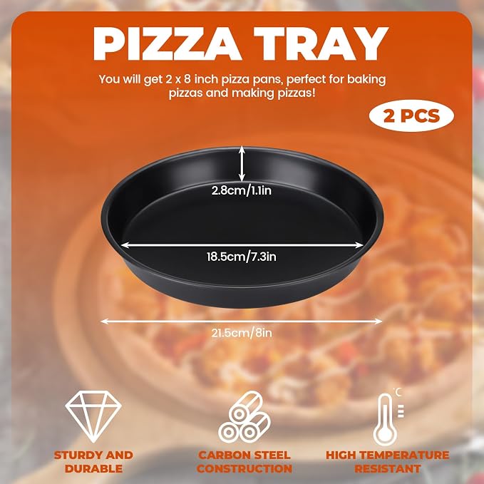 2 Pack Pizza Pan for Oven, Deep Dish Pizza Tray, Non-Stick Carbon Steel, Round Baking Sheet Plates, 8 Inch