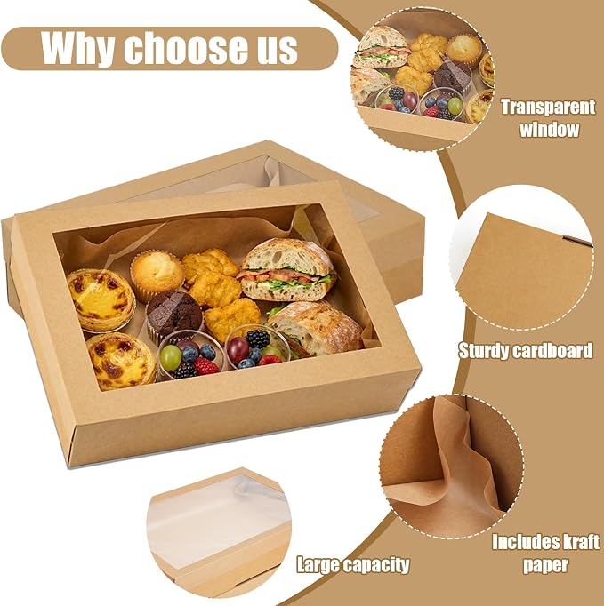 10 Pack Bakery Boxes with Window, 11.8x7.87x3.15 Inch Large Cookie Boxes, Cardboard Pastry Boxes, Take out Containers for Baking Pies, Cakes, Muffins and Pastries (S)