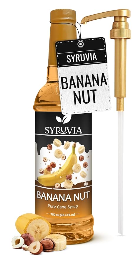 Syruvia Banana Nut Syrup, Flavored Syrup for Coffee, Fruit Drinks, Lemonades, and Desserts – 25.4 fl oz - with Pump