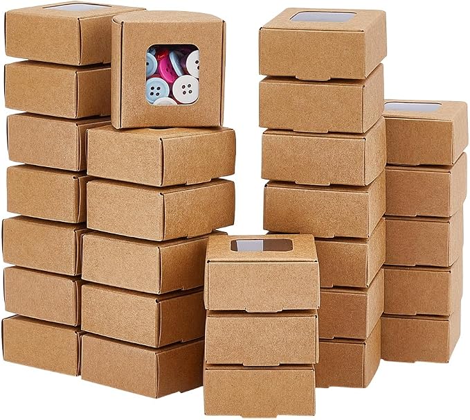 BENECREAT 60 Pack Square Clear Window Box, Brown Kraft Paper Container Party Favor Packaging Boxes, 2x2x1inch Foldable Design with Visible PVC Window for Wedding Treats & Crafts
