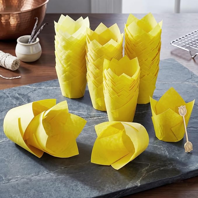 200 Pcs Yellow Tulip Cupcake Liners for Baking, Standard Size | Standard Greaseproof Tulip Muffin Liners for Baking, 3oz Yellow Paper Cupcake Wrappers for Party Wedding Birthday