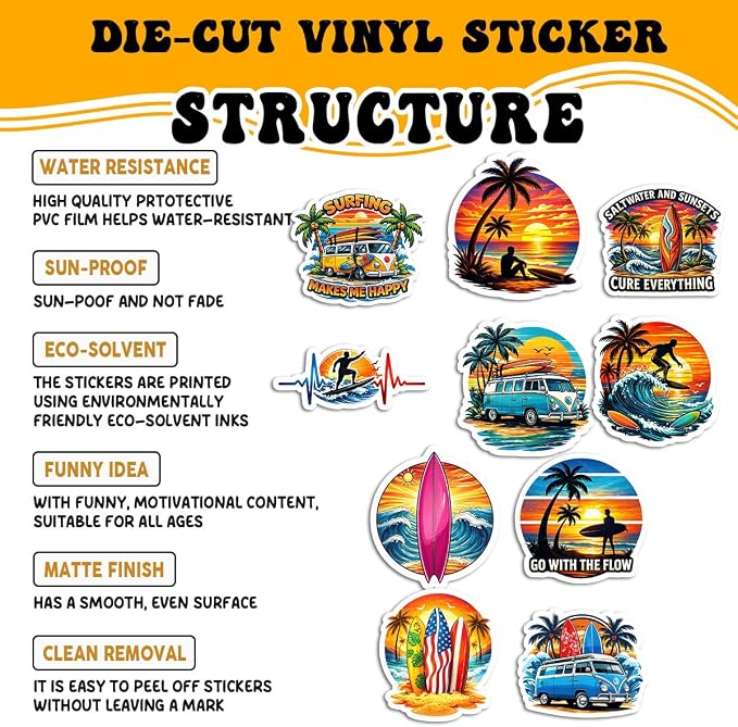 10pcs Surfing Sticker Pack – Fun Surfing Quotes and Designs – Perfect for Water Bottles, Laptops, Journals, and Gift for Surfers
