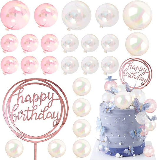 Colorful Ball Cake Topper Mini Balloon Cupcake Topper DIY Foam Ball Artificial Dried Flower Cake Insert Decoration for Wedding Anniversary Baby Shower Birthday Party Supplies (Clear White Pink)
