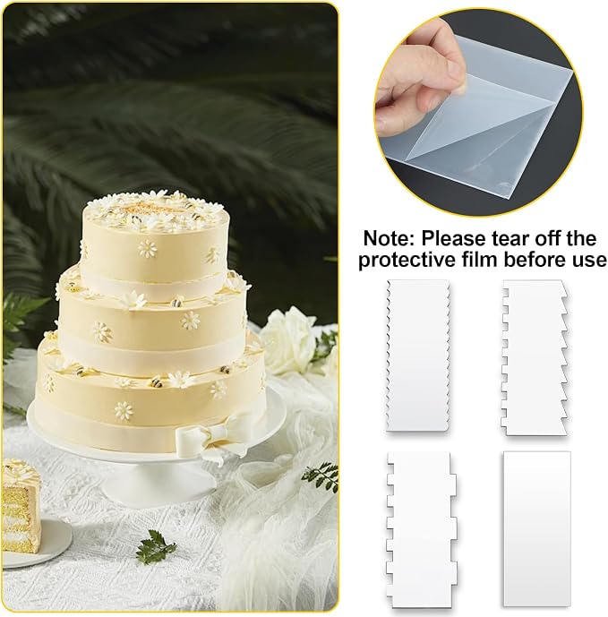 Cake Scraper, 4PCS Clear Acrylic Icing Smoother Stripes Cake Decorating Comb, Edge Smoother Tool for Mousse Butter Cream Decoration, DIY Kitchen Baking Tool