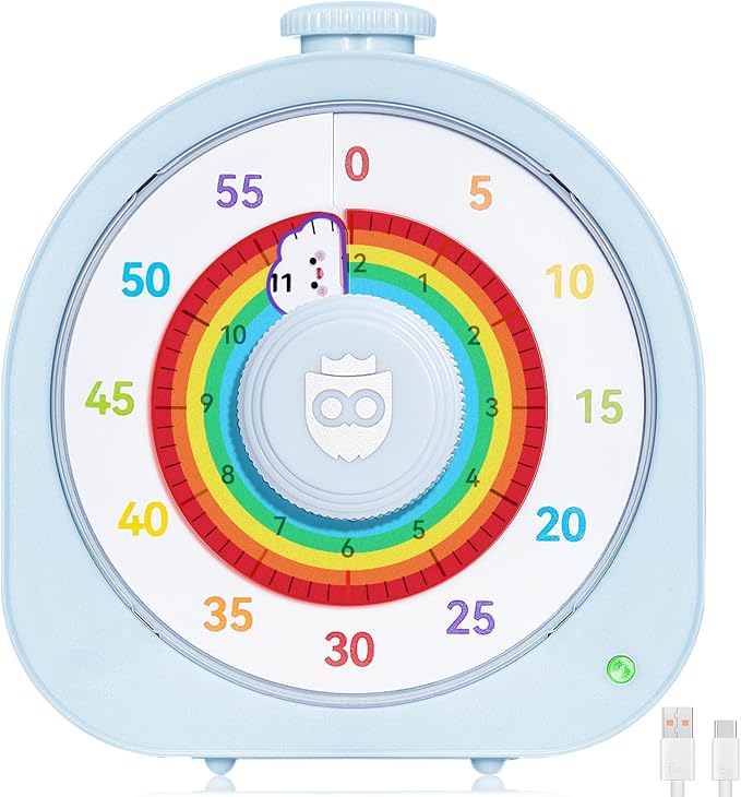 Kids Timer with Rainbow Visual Disk, Rechargeable Timer for Classroom Office Kitchen with Magnetic Sticker, 60 Min/12Hr Silent Countdown Timers Management Tool for ADHD & Autism