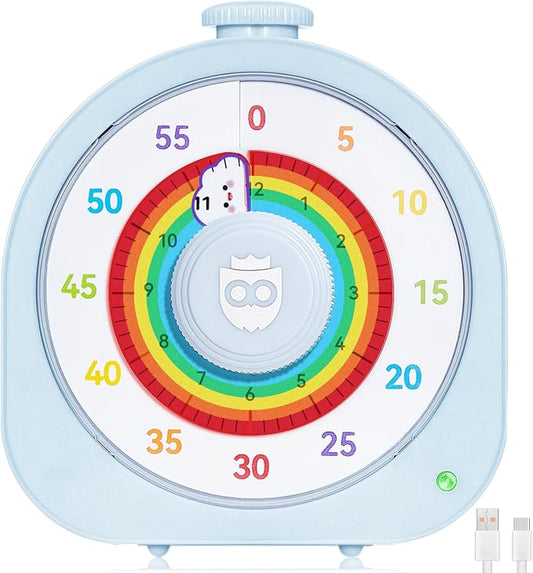 Kids Timer with Rainbow Visual Disk, Rechargeable Timer for Classroom Office Kitchen with Magnetic Sticker, 60 Min/12Hr Silent Countdown Timers Management Tool for ADHD & Autism