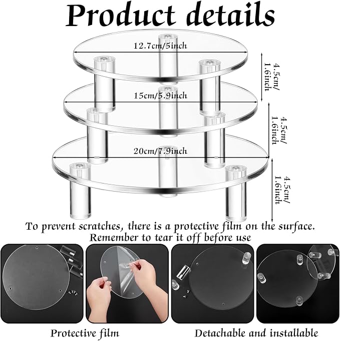 Lineshading 3 Pcs Round Acrylic Display Riser Clear Round Stands Clear Pedestal Riser Board for Cake Plant Dessert Jewelry Collectible Cupcake Figure Wedding Birthday Party Decor(5'', 6'', 8'')