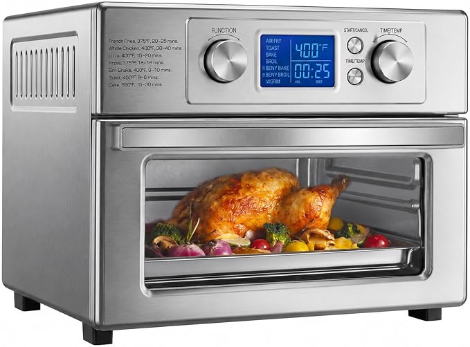 DUMOS Air Fryer Toaster Oven Combo, 23QT Toaster Ovens Countertop, 180–450°F Adjustable Temp, 60-Min Auto-Off Timer, 4-in-1 Air Fry, Toast, Broil & Bake, Stainless Steel, Accessories Included