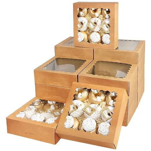 Bakepacker 55pcs Brown Pie Boxes 8x8x2.5 inches Easy Assemble Macaroon Bakery Boxes Cookie Boxes with Window for Bakery (Auto-pop Up)