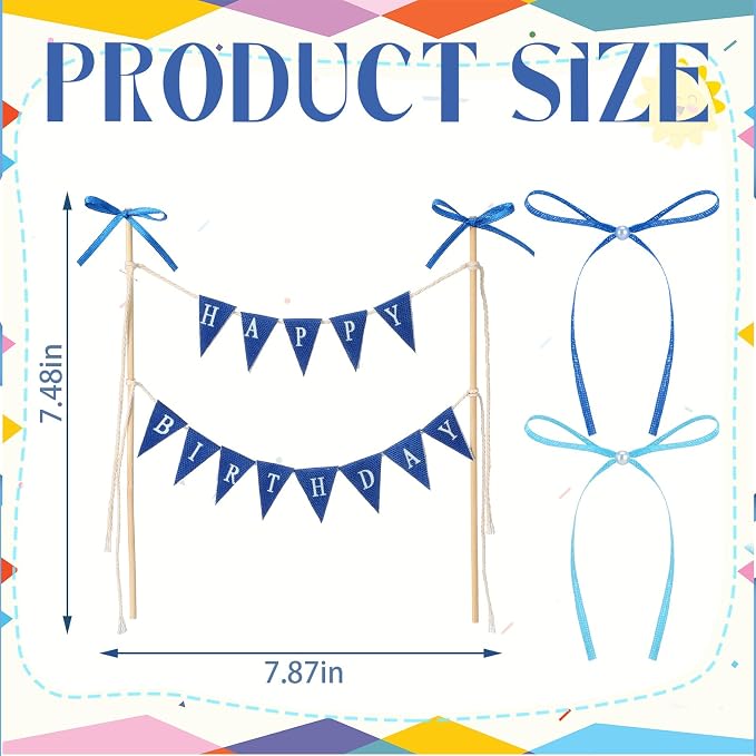 Honeydak Blue 11 Pcs Bow Ribbon Cake Topper Happy Birthday Cake Bunting Topper with Wood Pole Handmade Pennant Flags with Bows Ribbon for Birthday, Bridal Party Decoration