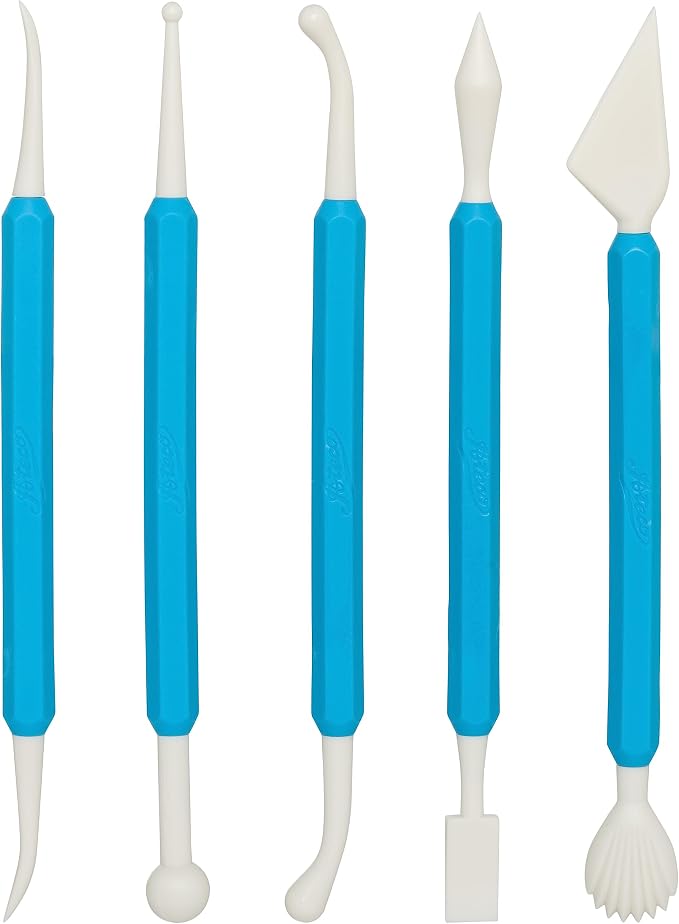 Ateco Sculpting Tool Set for Sugar Paste Decorations, 5 Piece Set with 10 Shapes, Food Grade Plastic with Non-slip Handles,White