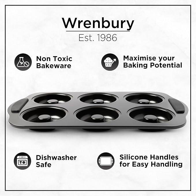 Wrenbury Donut Pan for Baking 6 Cup Set of 2 - Doughnut Mold Baking Tray | Large Carbon Steel Bagel Molds - 3.5” Cup - Easy Clean