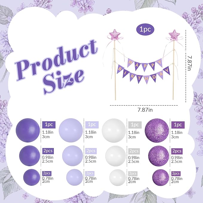 21 Pcs Happy Birthday Cake Topper Cake Bunting Topper Banner with Wood Pole Rainbow Garland with Bow Ribbon Balloon, Mini Cupcake Decor for Birthday Baby Shower (Purple,White)