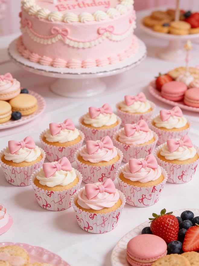 300 Pcs Pink Bows Cupcake Liners, Pink Baking Cups - Coquette Bow Cupcake Wrappers, Standard Muffin Cupcake Wrappers Holders (Base Dia 1.97in, Height 1.18in, Top Dia 2.76in) (Bow)