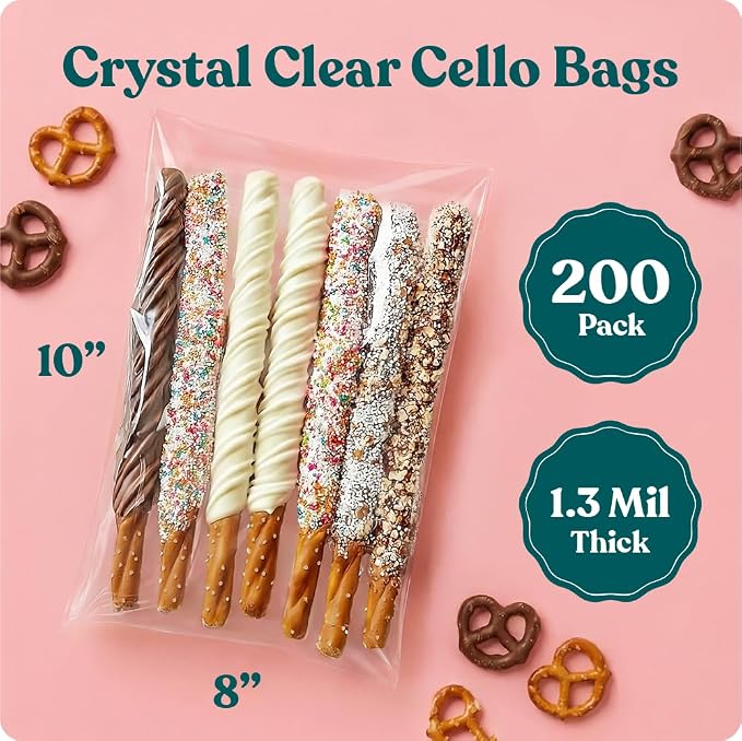 8" X 10" Self Sealing Cellophane Bags (200 Pack) - Clear Cookie and Pretzel Rod Bags With Seal for Baked Goods Packaging, Cookie Wrappers, Bakery Packaging, Bake Sale, Candy, Treats, Goodies, Gifts