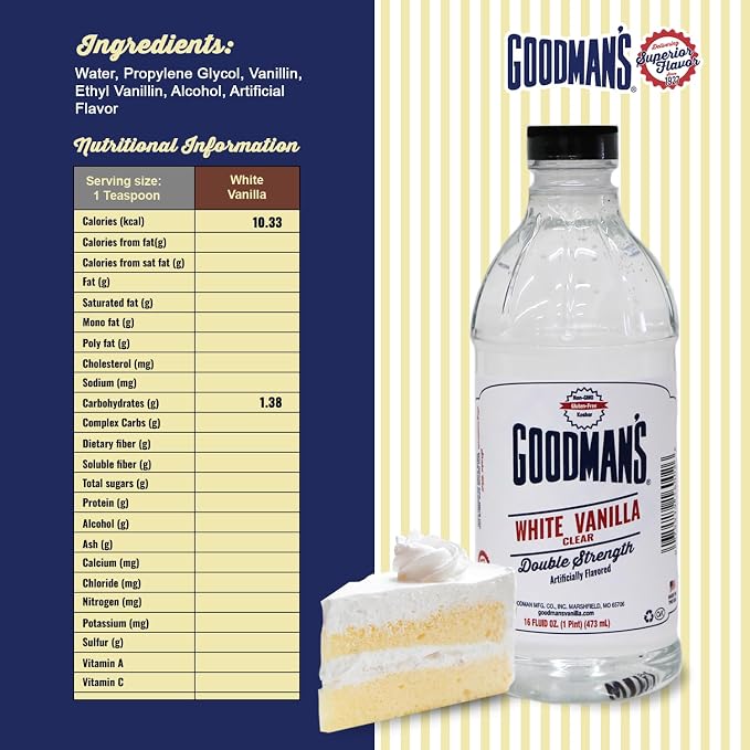 Goodman's White Vanilla Clear Double Strength Artificial Flavor - Gluten-Free, Non-GMO, Kosher, Low Carb & Low Calorie - Vanilla Flavor Ideal for Baking, Cooking, and More - No Sugar (16oz Bottle)