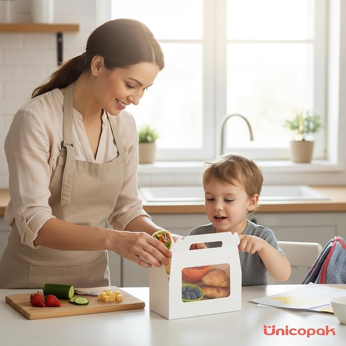 UnicoPak 30 Pack 9x6x6 White Bakery Boxes with Window, Large Gable Boxes for Lunch, Treats, Cookies, Pastries, Cardboard Gift Boxes for Christmas, Holiday Presents, Auto-Popup Assembly