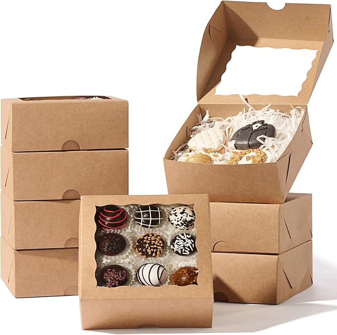 55 Pack 6"x6"x2.5" Brown Square Gift Boxes with Window -Chocolate Covered Strawberries, Small Cake, Cookie, Pastry, Mini Donitas & Cakesickle Truffle Chocolate Boxes
