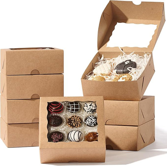 55 Pack 6"x6"x2.5" Brown Square Gift Boxes with Window -Chocolate Covered Strawberries, Small Cake, Cookie, Pastry, Mini Donitas & Cakesickle Truffle Chocolate Boxes