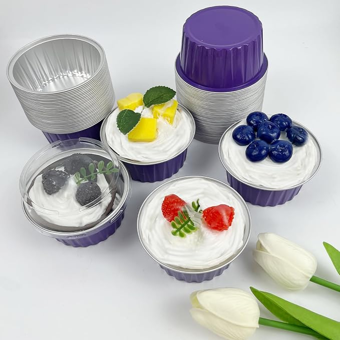 100Pcs Aluminum Cups with Lids,5oz Disposable Ramekin Baking Cups Muffin Liners Mini Pie Pans Foil Cupcake Containers for Christmas Party Wedding Party,Dark Purple