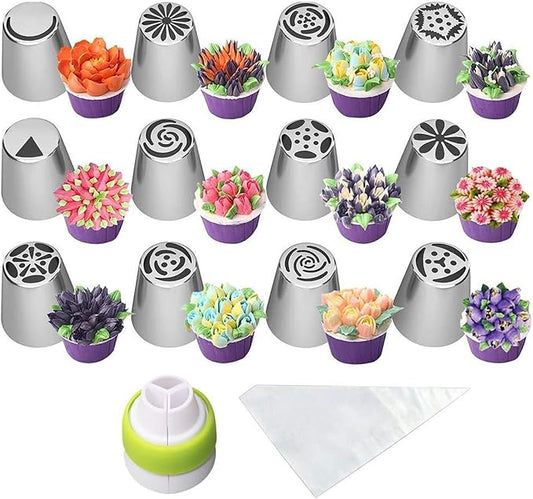 Stainless Steel Russian Piping Tips Set, Extra Large Flower Icing Nozzles, Cupcake Frosting Supplies with Leaf Tips, Couplers, Disposable Pastry Bags, Reusable Piping Bag (Silver,23 PCS)