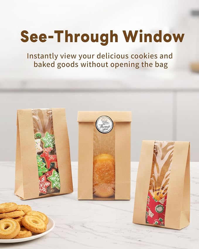 Bake Choice 50 PCS Small Cookie Bags with Seal, 3.5"x 2.3"x7.5" Kraft Brown Paper Bags with Stickers, Bakery Bag for Snack, Cupcake, Coffee Bean, Party Favor, Cookie Packaging