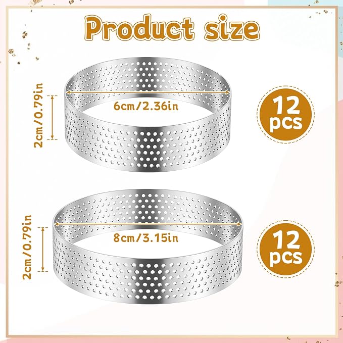24 Pcs Tart Ring Round Stainless Steel 3.15 Inches and 2.36 Inches Perforated Tart Ring, Metal Pastry Mold Heat-Resistant Perforated Cake Mousse Rings Small Fruit Tarte Crust Tools for Baking