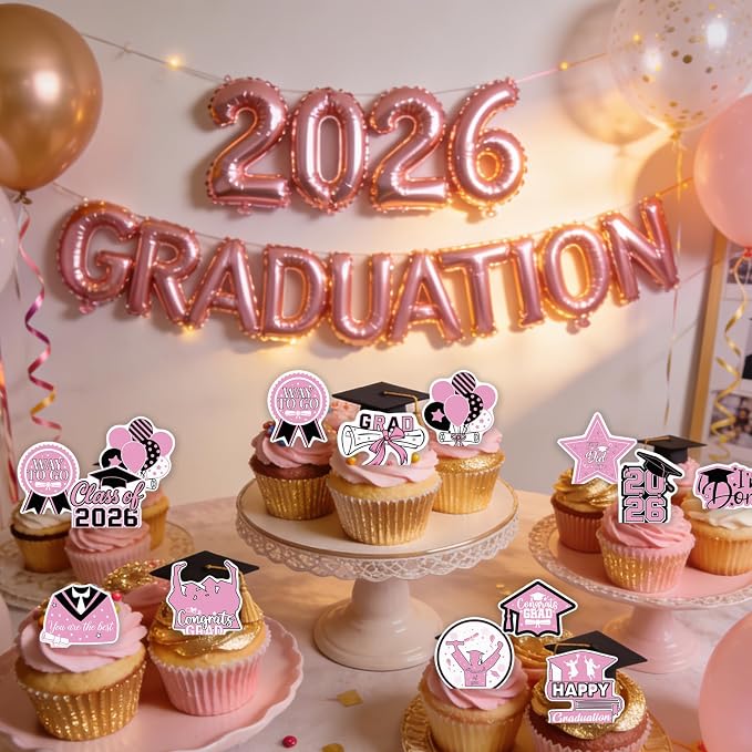 48pcs Edible 2026 Graduation Cupcake Toppers Wafer Paper Pink Class of 2026 Cake Decorations Edible Congrats Grad Cupcake Picks for 2026 Graduation Theme Party Cake Supplies