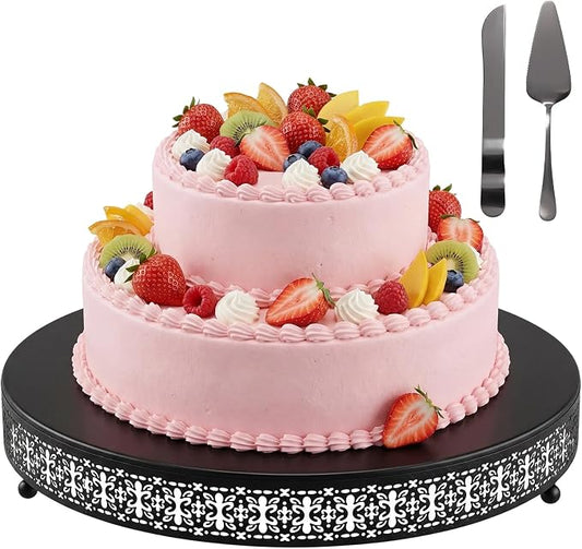 Wenqik Black Cake Stand 16 Inch Metal Round Cupcake Dessert Wedding Cake Stand with Cutting & Spatula Cookies Display Holder Fruit Serving Tray for Table Wedding Birthday Anniversary Party