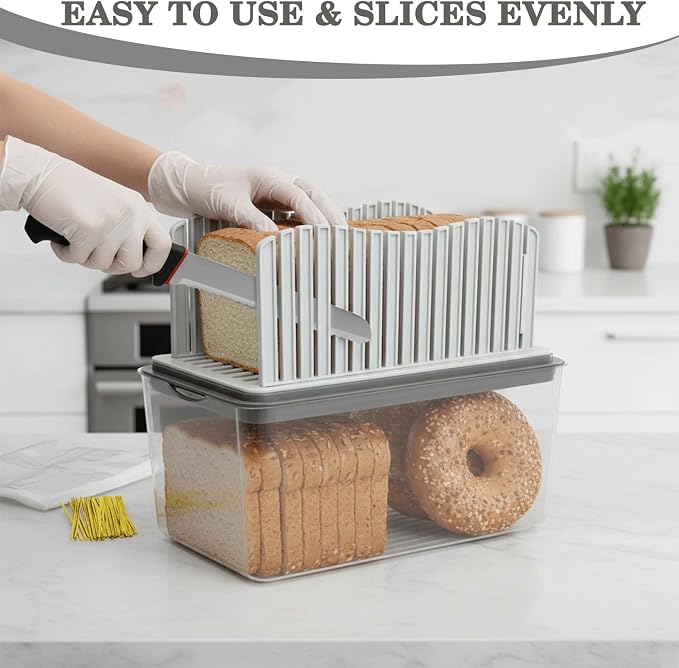 Bread Slicer with Knife, Adjustable Slicer & Loaf Cutter for Homemade Bread with Crumb Tray, Storage Box & Plastic Bags for Easy Slicing.