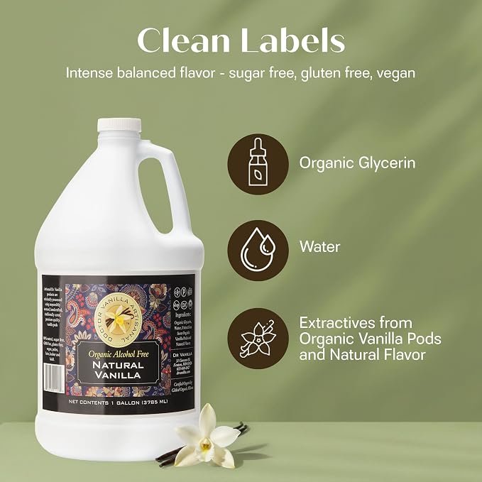 Organic Vanilla Alcohol‑Free Flavor, 128 fl oz - Madagascar Bourbon vanilla, 100% natural, sugar‑free, GMO‑free, gluten‑free, vegan, paleo, keto, kosher, and halal