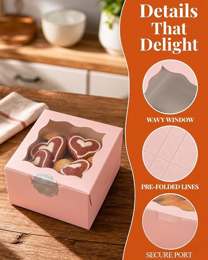 Bakepacker 400pcs Pink Bakery Boxes with Window 4"x 4"x 2.5" Thick & Cookie Boxes & Sturdy Macaroon Pastry