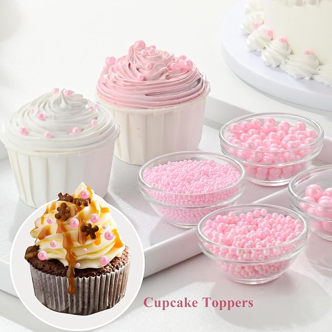 Homankit Edible Pink Pearl Sprinkles for Baking, 4 Sizes Mix Sugar Pearls Cake Decorations for Cupcake Toppers Cookie Decorating Birthday Party Wedding Valentines Christmas Supplies