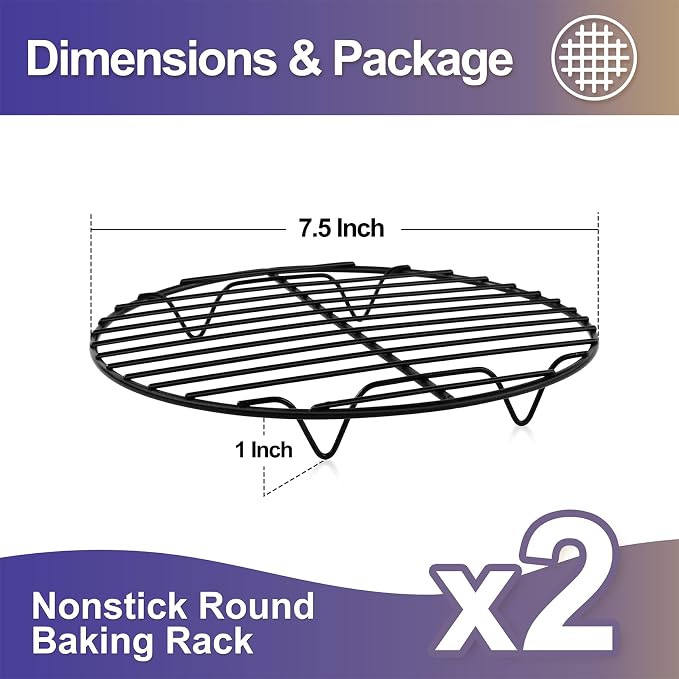 P&P CHEF 7½ Inch Cooking Rack Round, Stainless Steel Round Rack for Cooking Cooling Steaming Baking, Fit Air Fryer Pot Pressure Cooker, 2 Pack -Oven Safe, Black