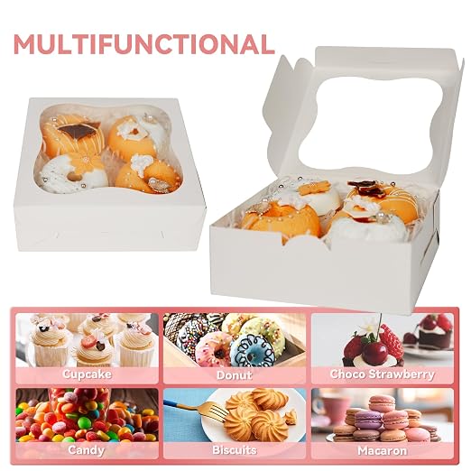 30PCS Cupcake Boxes, 7x7x2.5Inch Gift & Cake Boxes with Window, Bakery & Cookie Boxes, Macaron & Mini Bundt Cake Containers, Food Packaging Treat Boxes
