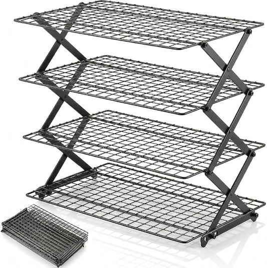 4-Tier Stackable Cooling Rack for Baking, Heavy Duty Stainless Steel Baking Rack, Foldable Space Saving Design, Oven Safe Wire Rack Fits Quarter Sheet & Jelly Roll Pans, Dishwasher Safe