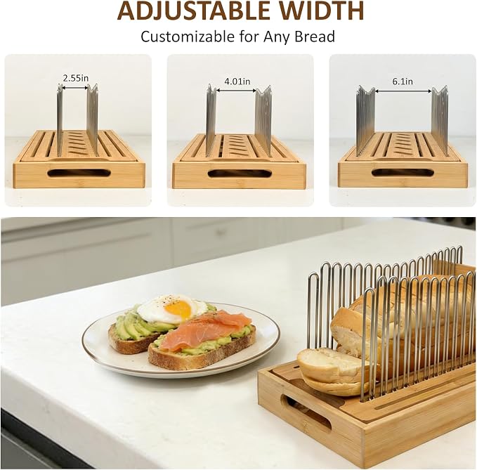 Bamboo Bread Slicer for Homemade Bread with Steel Guides | Adjustable Width, Stainless Steel Slicing Guides, Crumb Tray, For Sourdough Bread, Cakes, Loaves, Bagel