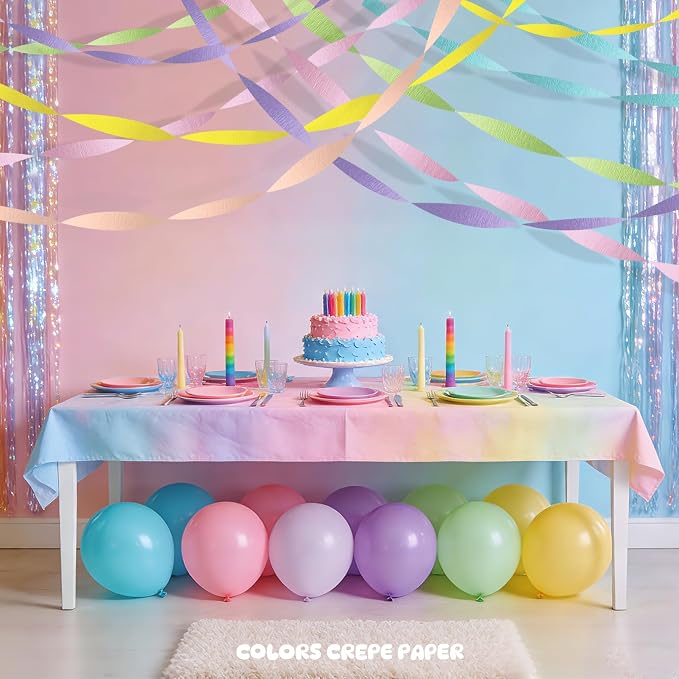 Pastel Rainbow Crepe Paper Streamers - 6 Rolls Macaron Party Streamer Decorations for Birthday, Baby Shower Easter Unicorn Mermaid Theme Supplies - Pink Blue Yellow Green Purple Peach Hanging Backdrop