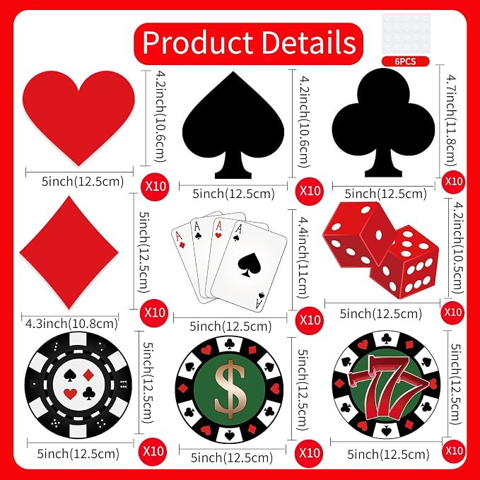 Vuzvuv 63Pcs 5In Versatile Casino Party Paper Cutouts with 120Pcs Glue Points,Las Vegas Casino Poker Themed Cut Outs Decorations for Birthday Party Theme Decor Supplies
