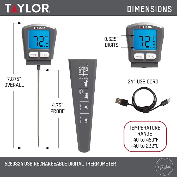 Taylor USB Rechargeable Digital Instant Read Food Thermometer, Gray