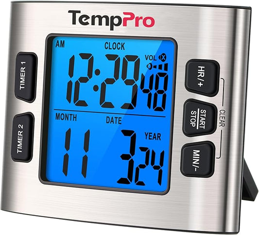 TempPro TM02 24H Digital Timer with Dual Kitchen Timers for Cooking, Magnetic Timer Clock with Adjustable Alarm Volume & LCD Backlit Display, Classroom Timer for Kids & Teachers(Previously ThermoPro)