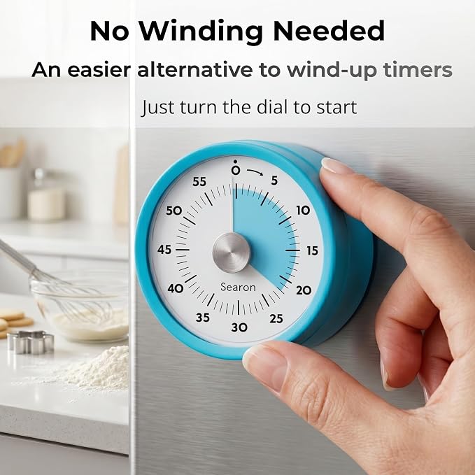 Searon Magnetic Visual Kitchen Timer, 60 Minute Countdown Timer with LED Alert, Turn the Dial to Start, No Winding Needed for Cooking, Baking, Meal Prep & Daily Kitchen Tasks (Blue)