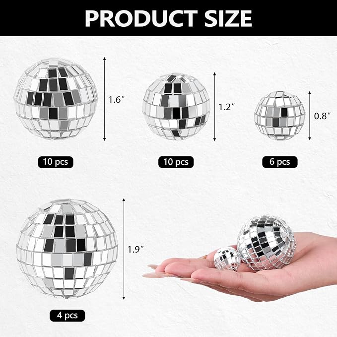Soelomu 30 Pcs Mini Disco Ball Cake Decorations - 4 Sizes Silver Reflective Mirror CupCake Decor for 70s Birthday Music Disco Party Supplies