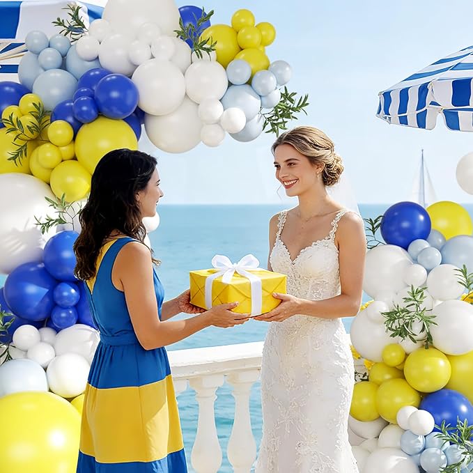 Blue and Yellow Balloon Arch Kit, 124Pcs Lemon Balloon Arch Kit with Royal Blue Light Blue Yellow White Balloons for Mediterranean Themed Birthday Wedding Bridal Shower Anniversary Party Decorations