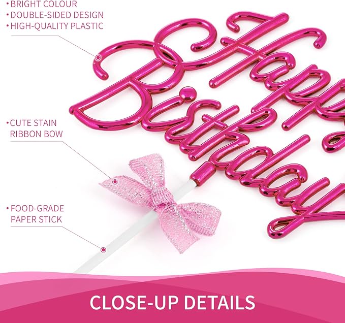 Hot Pink Happy Birthday Cake Topper Plastic - 3D Double Sided Happy Birthday Sign for Cake with Bow, Idea for Cake Decoration (HOT PINK)