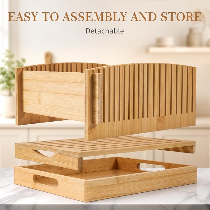 Bamboo Bread Slicing Guides with Adjustable Width, Bread Slicer Guide with Crumb Catcher & Serve Tray for Homemade Bread Cut
