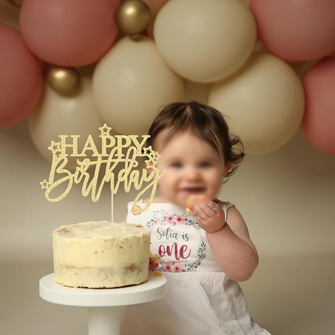 Gyufise 1Pcs Happy Birthday Cake Topper Glitter Happy Birthday Cake Pick for Celebrating Happy Birthday Anniversary Theme Party Cake Decorations Supplies Light Gold
