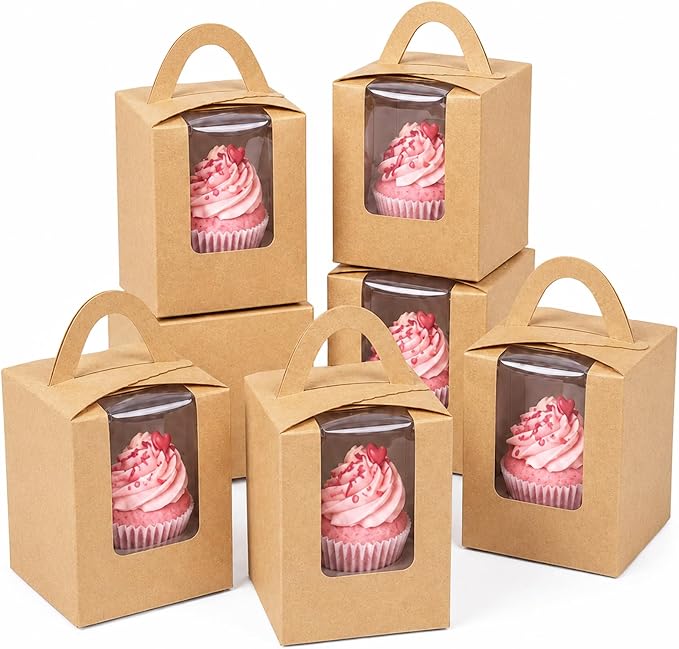 Bakepacker Auto-pop up Individual Cupcake Boxes with Window 60 Count Brown Single Cupcakes Box 3.7 x 3.7 x 4.3inch Cupcake Carrier
