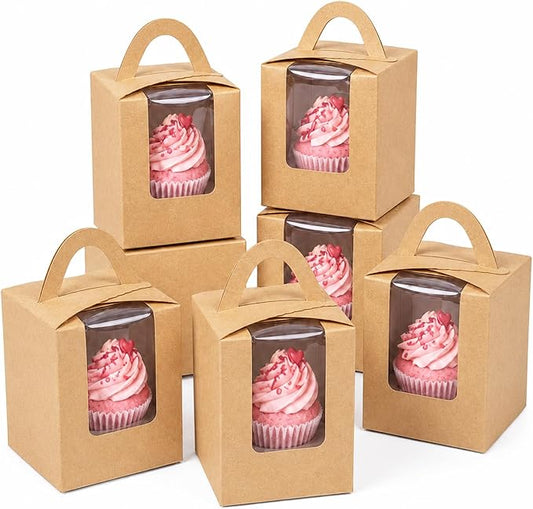 Bakepacker Auto-pop up Individual Cupcake Boxes with Window 60 Count Brown Single Cupcakes Box 3.7 x 3.7 x 4.3inch Cupcake Carrier