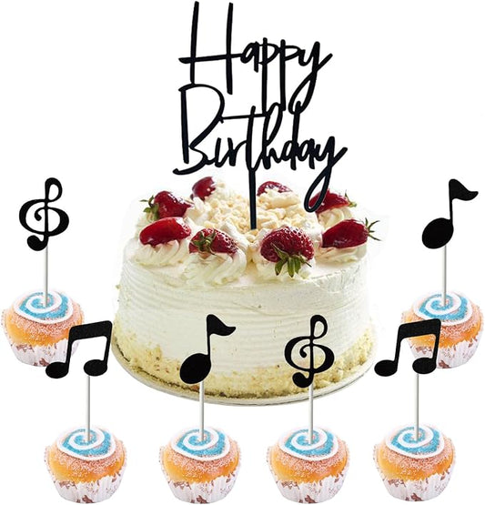 ZHENGYE Happy Birthday Cake Topper Sign And 5 Black Music Cake Toppers Happy Birthday Topper For Cake Birthday Cake Decorations(Black 29)